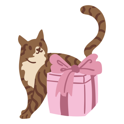 Birthday cat prowling around a gift box PNG Design