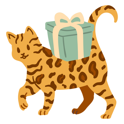 Birthday cat carrying a gift atop its back PNG Design