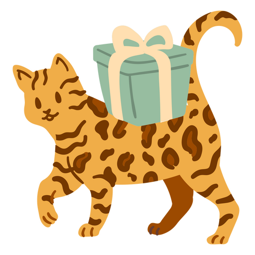 Gato de aniversário carregando um presente nas costas Desenho PNG