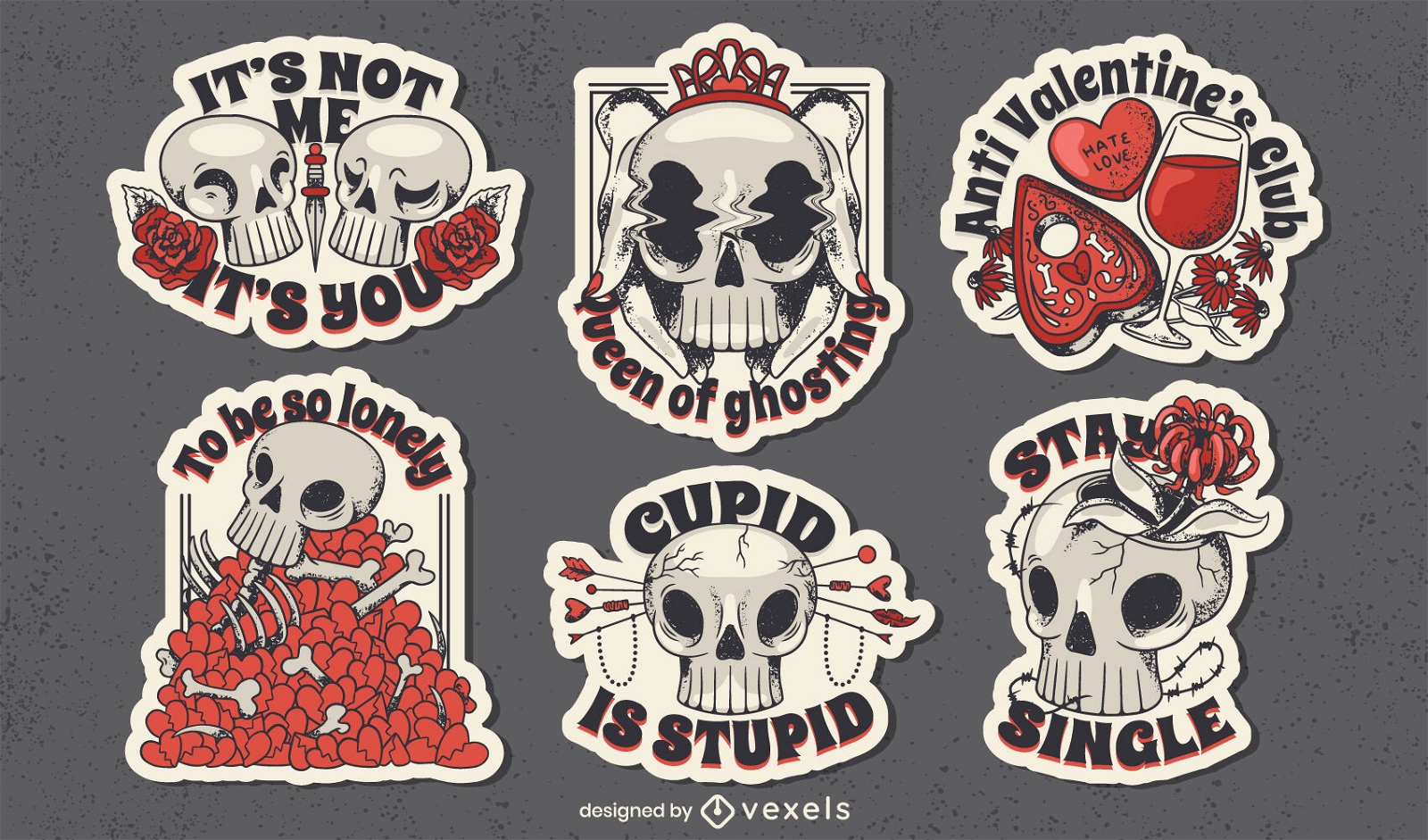 Anti Valentine's skulls sticker set