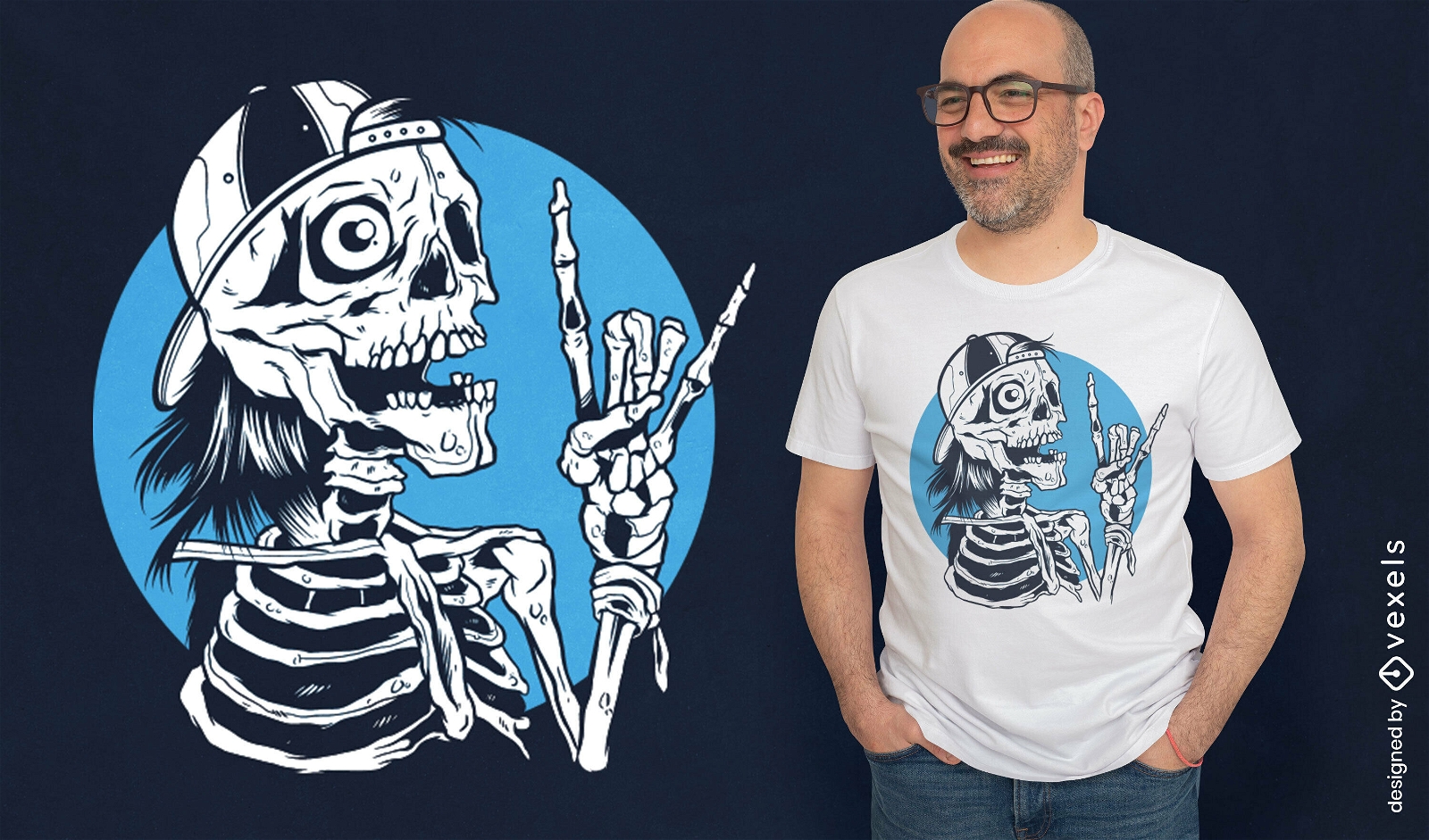 Skeleton rock and roll cartoon t-shirt design