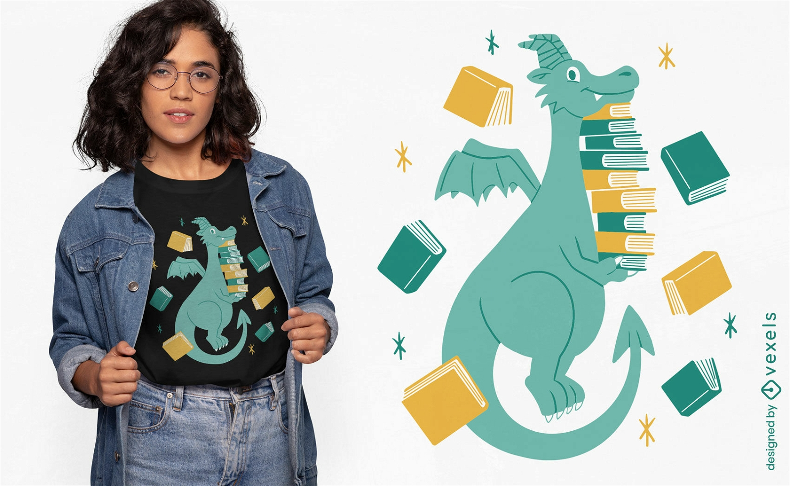 Design de camiseta de livros carregando dragão