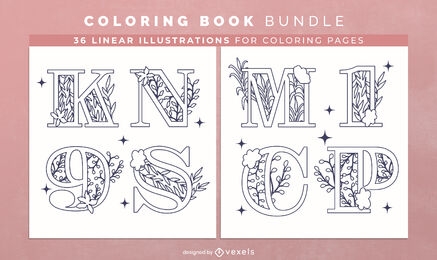 Design de páginas de livro para colorir alfabeto botânico