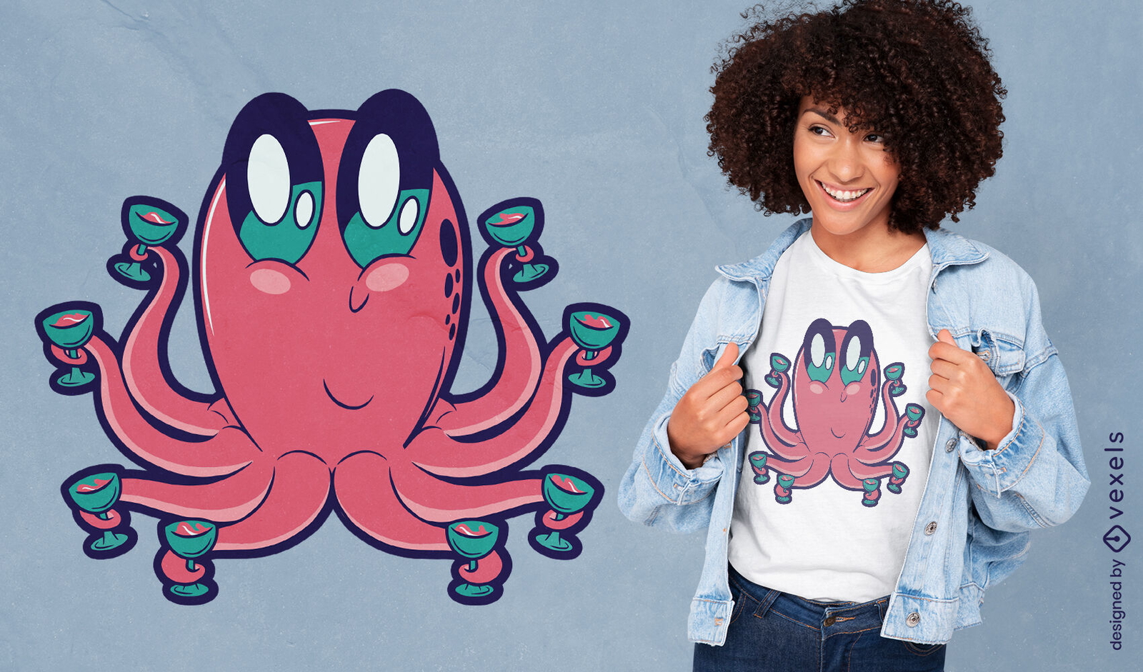 Diseño de camiseta de pulpo animal con cócteles.