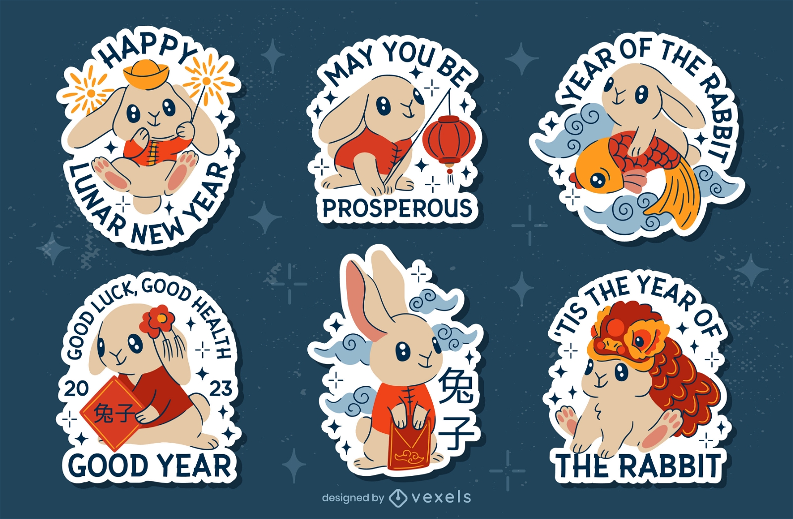 Conjunto de adesivos de coelhos fofos de ano novo chinês