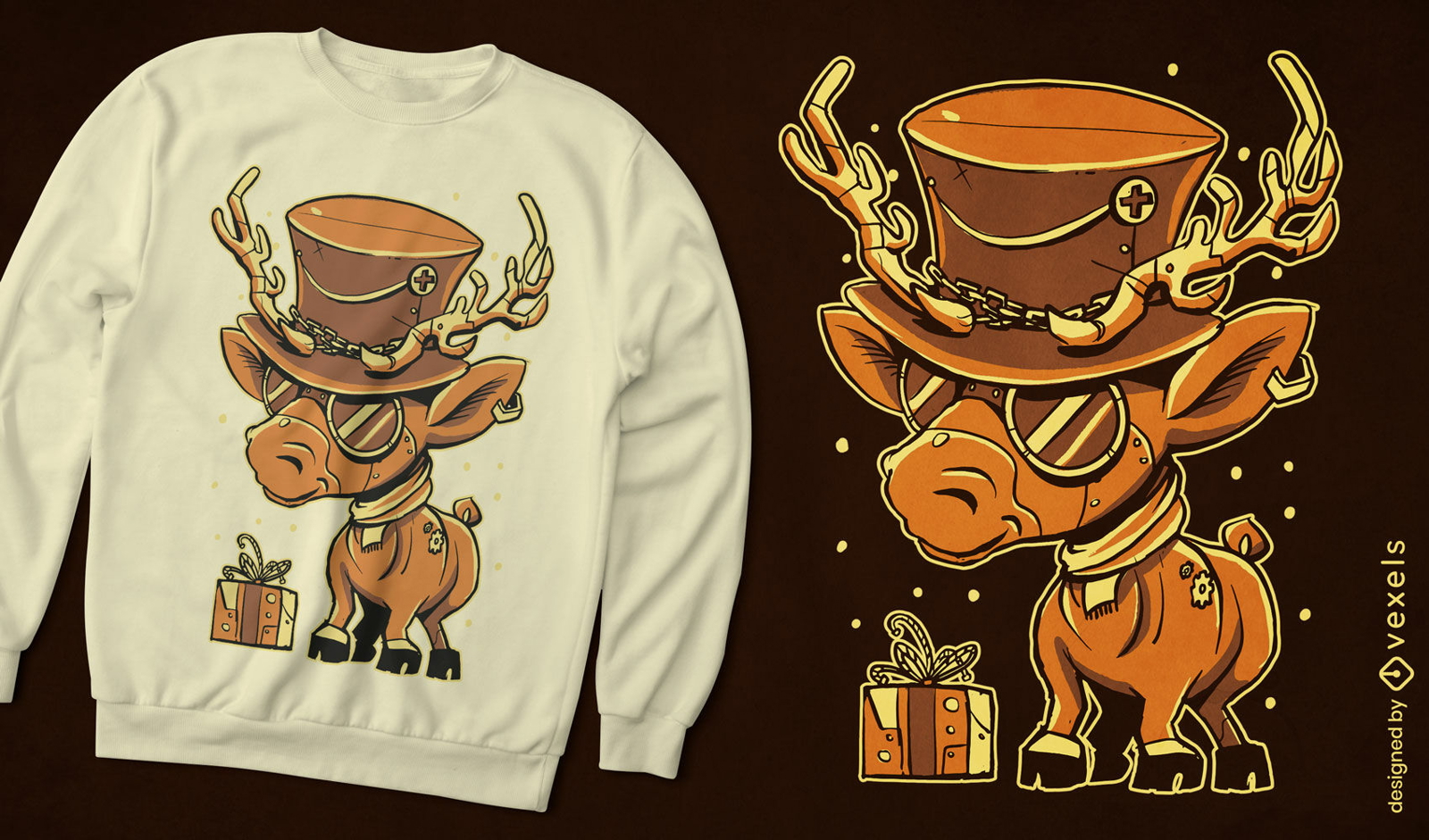Diseño de camiseta steampunk de renos navideños.