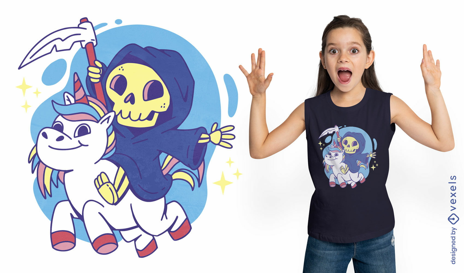 Grim reaper en diseño de camiseta de unicornio