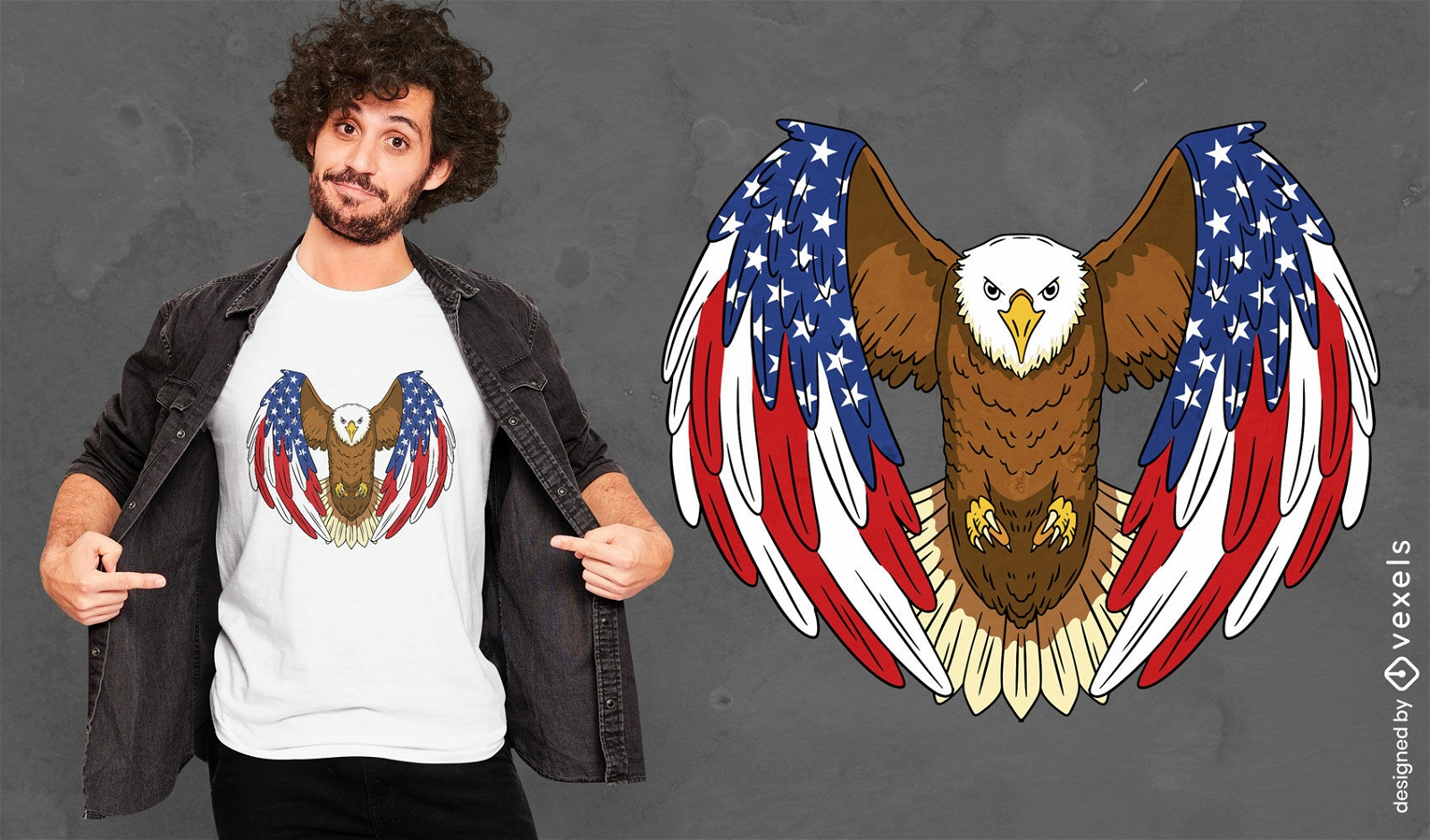 Dise?o de camiseta de ?guila con bandera americana en alas