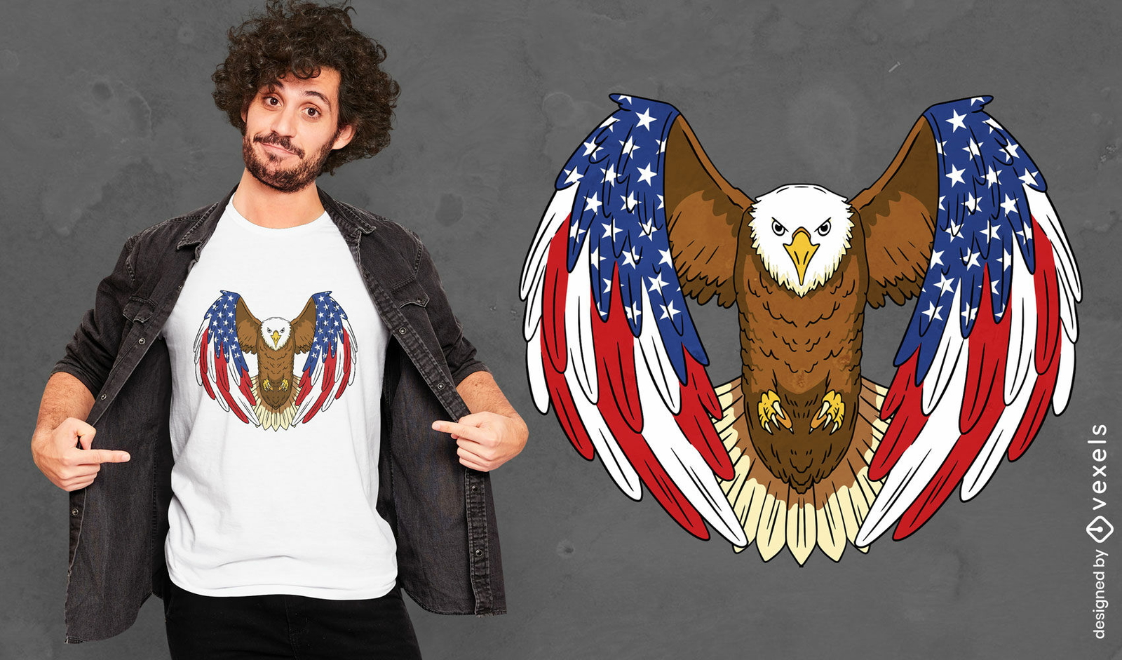 Diseño de camiseta de águila con bandera americana en alas