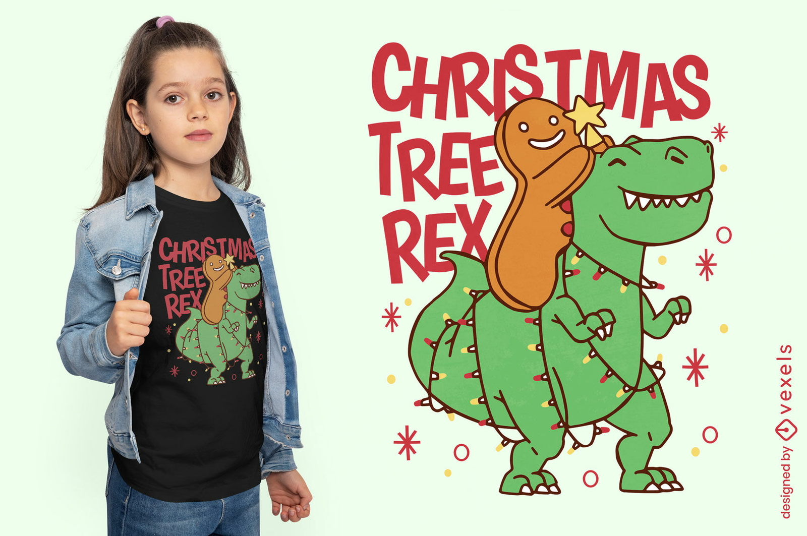 Diseño de camiseta navideña de t-rex y galleta de jengibre