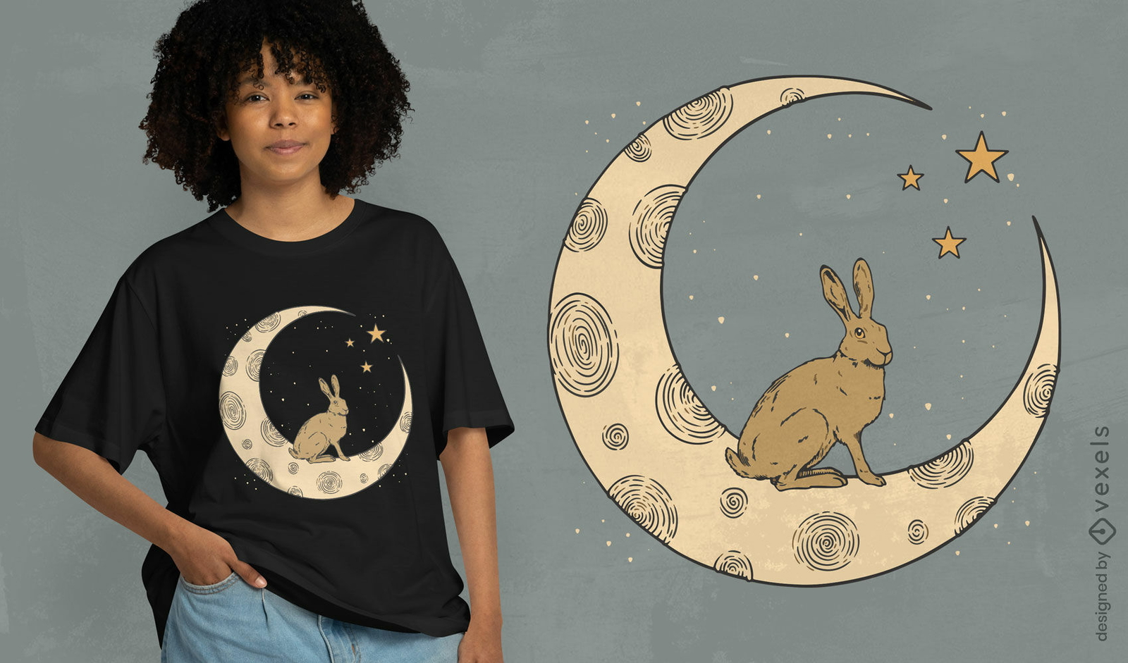 Diseño de camiseta animal conejo en la luna.