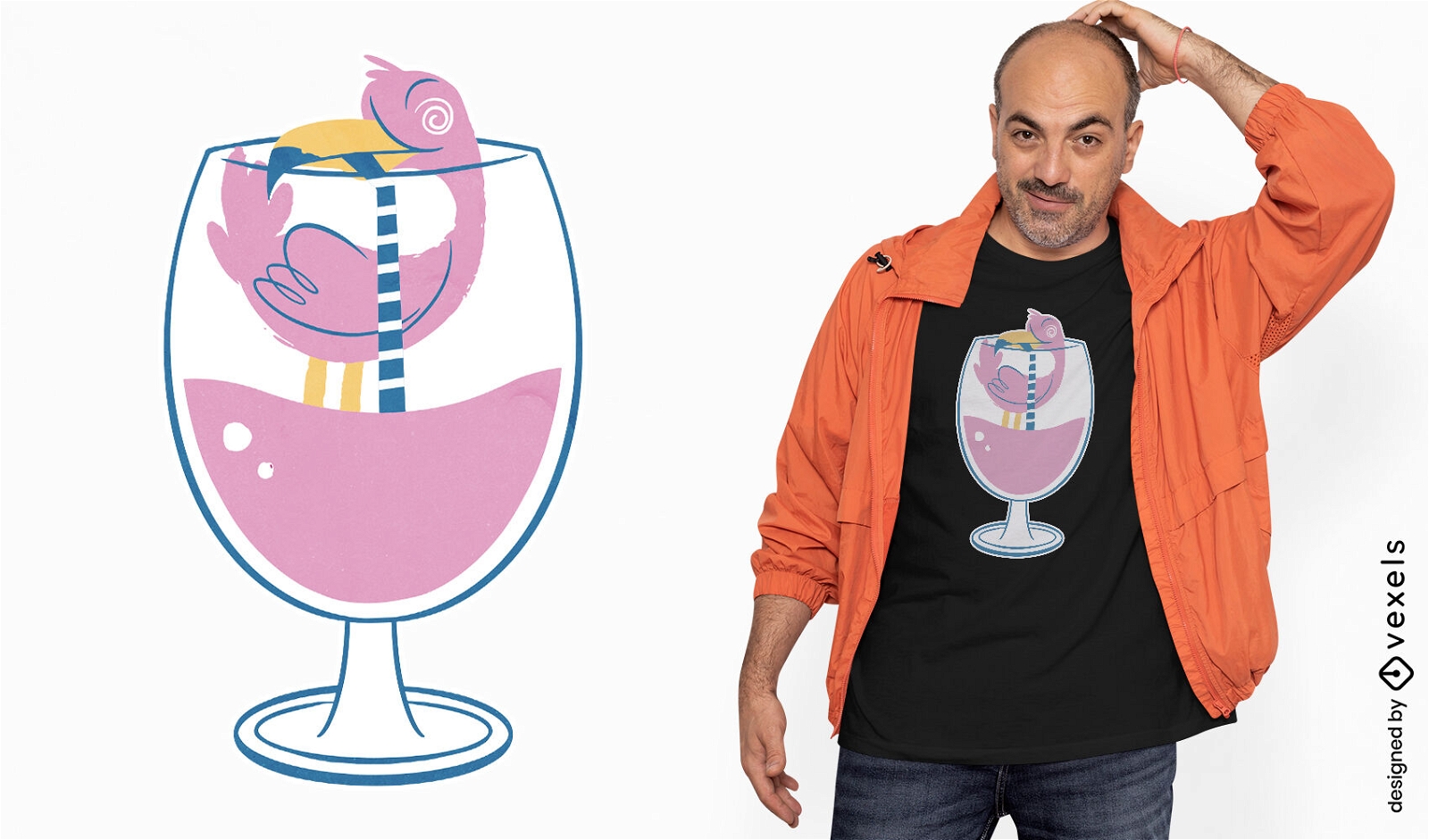 Flamingo en dise?o de camiseta de bebida rosa.