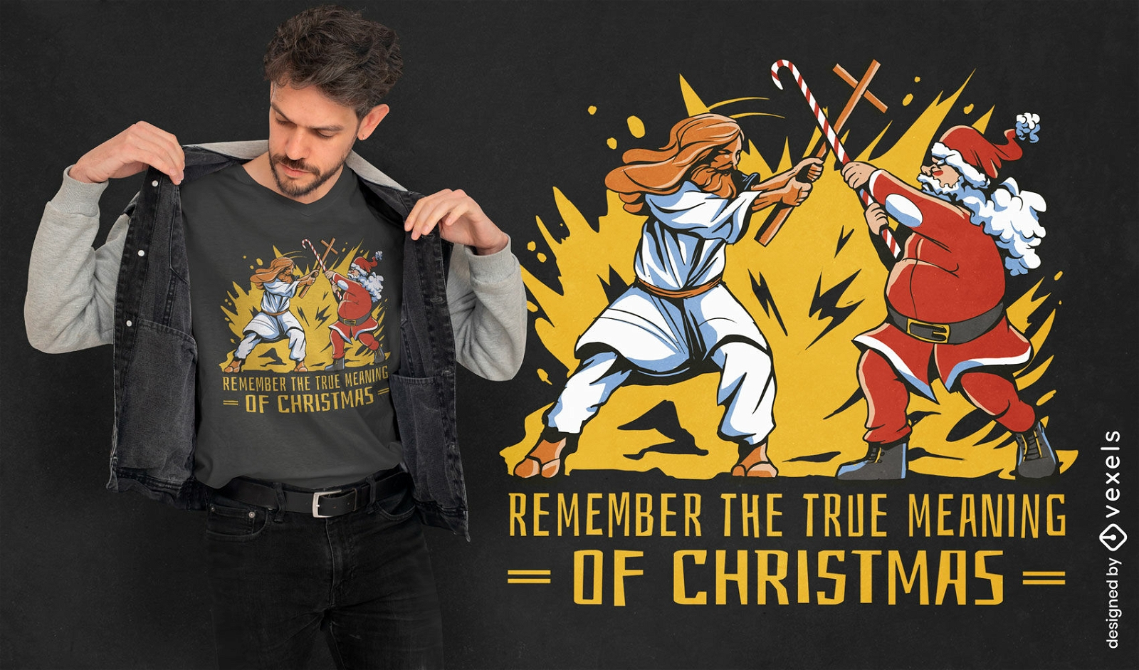 Design de camiseta de jesus lutando papai noel