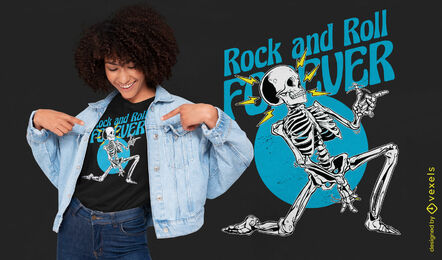 Diseño de camiseta de esqueleto de rock and roll.