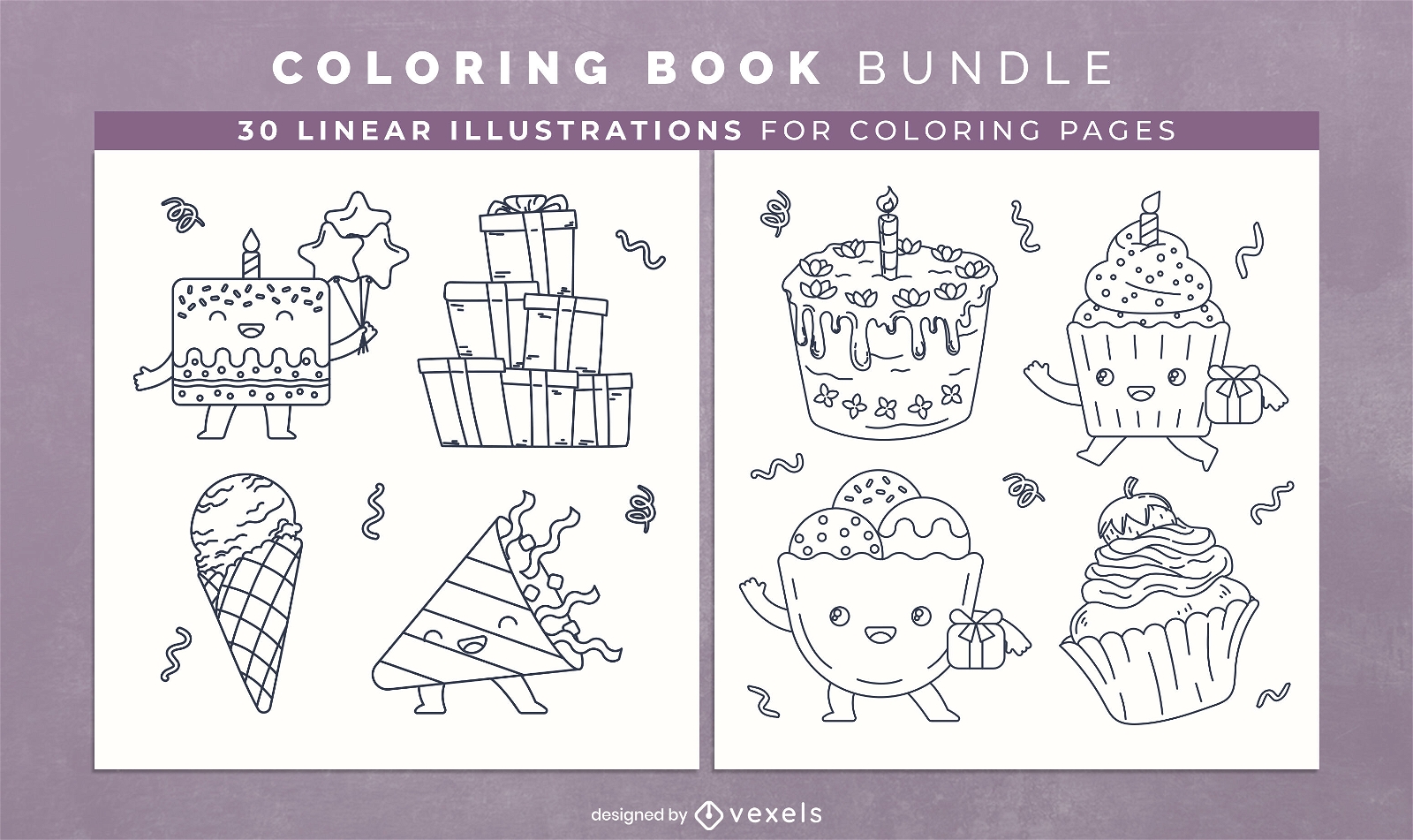 Design de páginas de livro para colorir de festa de aniversário