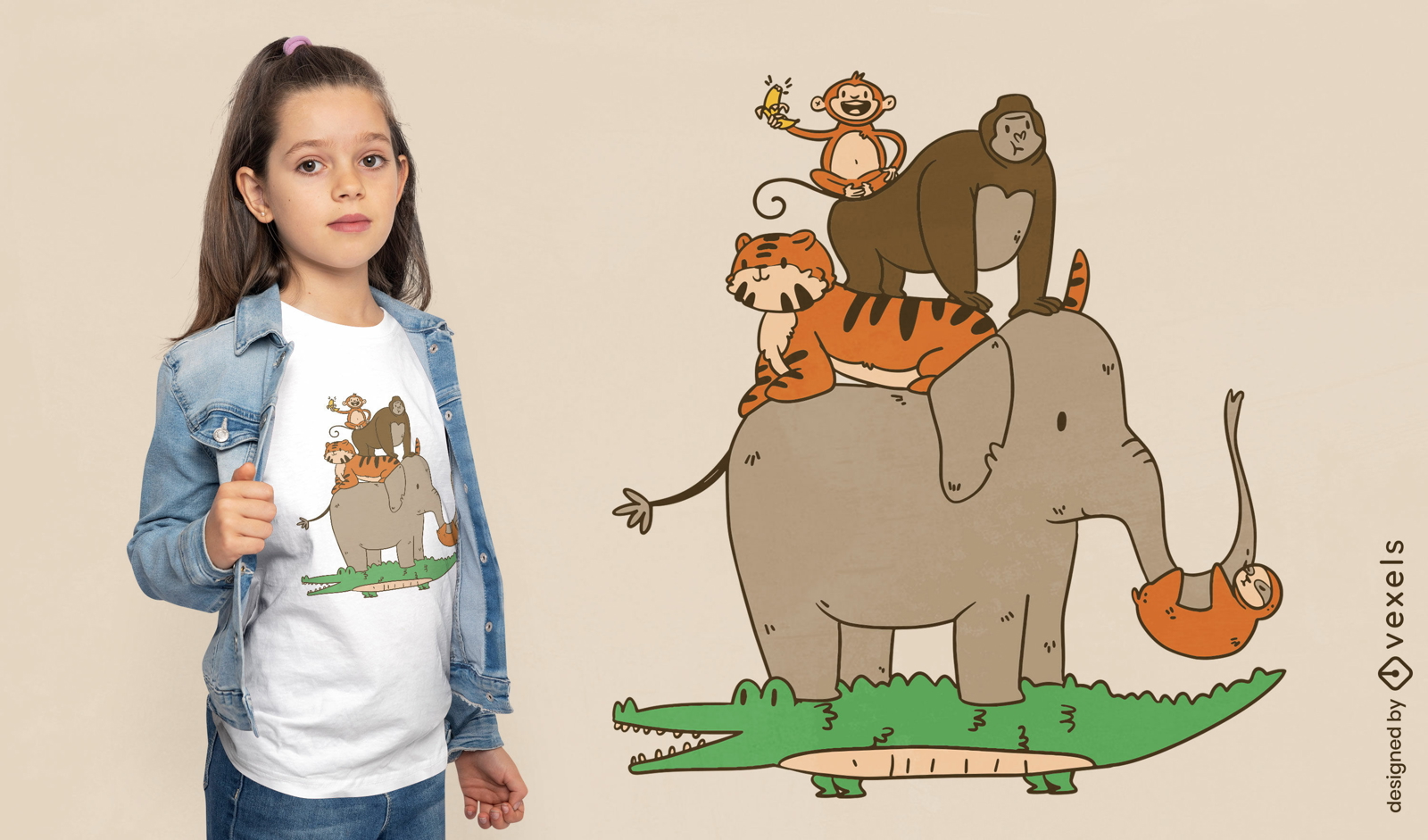 Diseño de camiseta de torre de animales de la selva infantil.