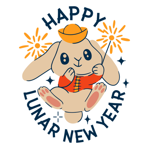 Cute rabbit surrounded by the quote Happy lunar new year PNG Design
