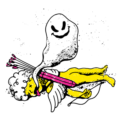 Spooky ghost hovering over a fallen Cupid PNG Design