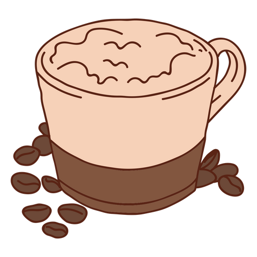 Taza de café con crema batida y granos de café. Diseño PNG