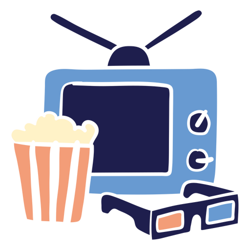 Caricatura de un televisor con palomitas de maíz y gafas 3D. Diseño PNG