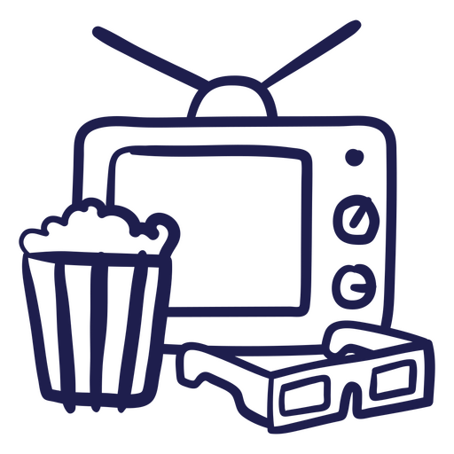 Icono de televisión, palomitas de maíz y gafas. Diseño PNG