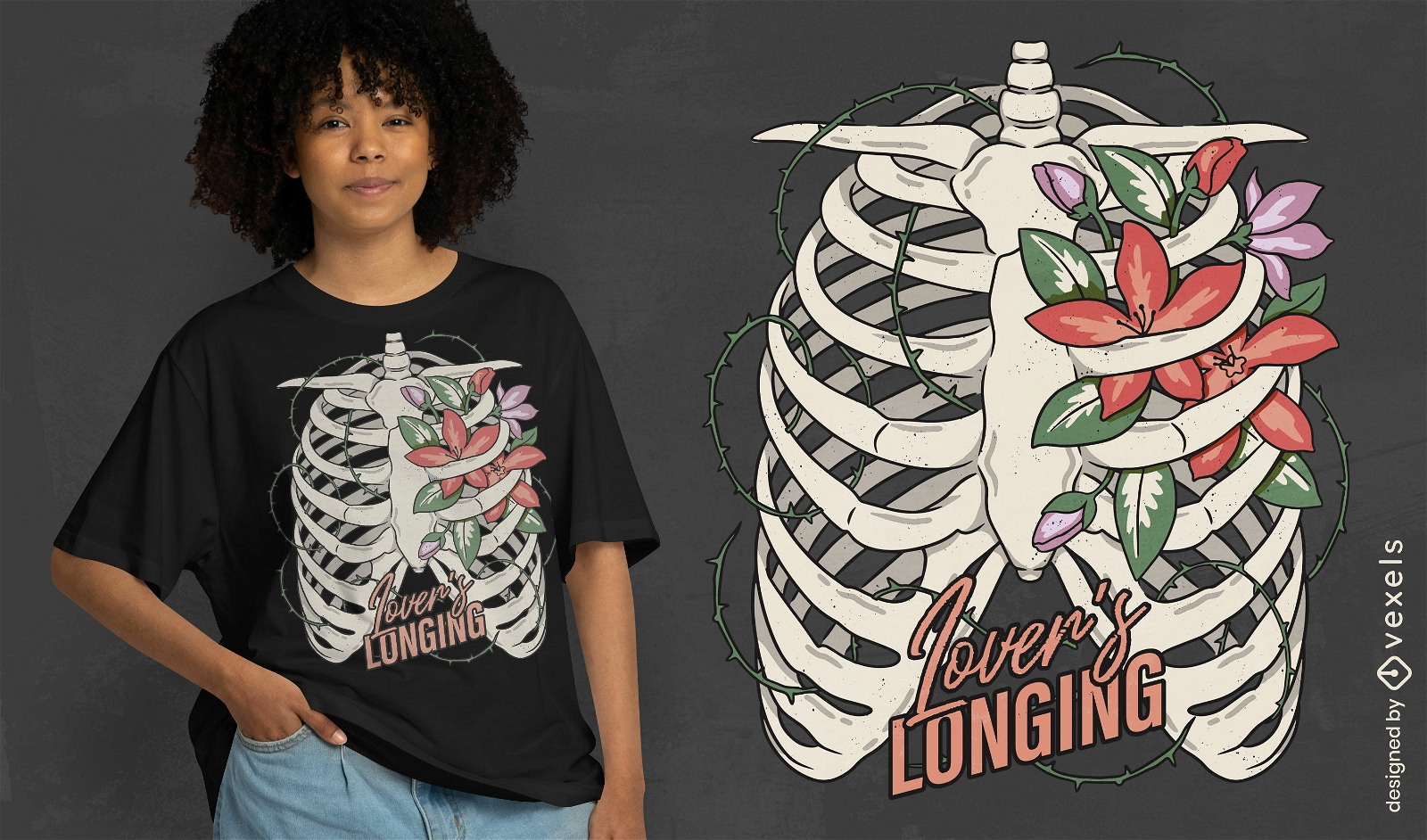 Diseño de camiseta esqueleto y flores.