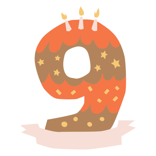 Pastel de cumpleaños número nueve con velas y una cinta Diseño PNG