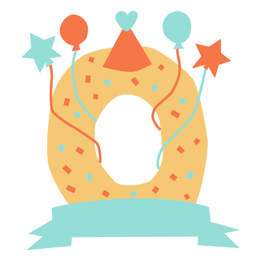 Tarta de cumpleaños con globos y un número 0. Diseño PNG