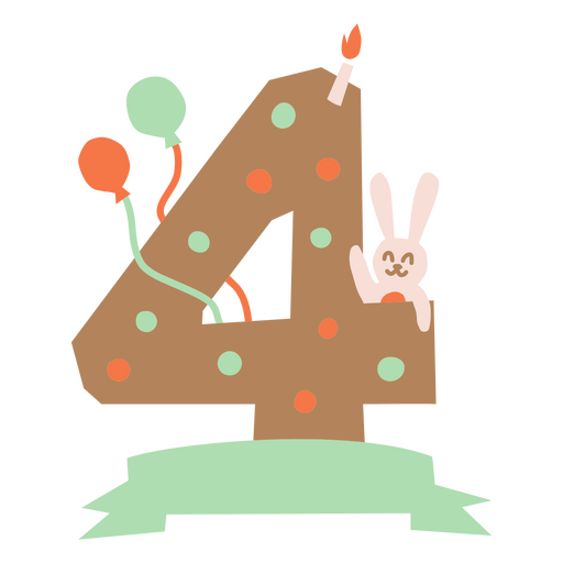 The number four with a bunny and balloons flat PNG Design