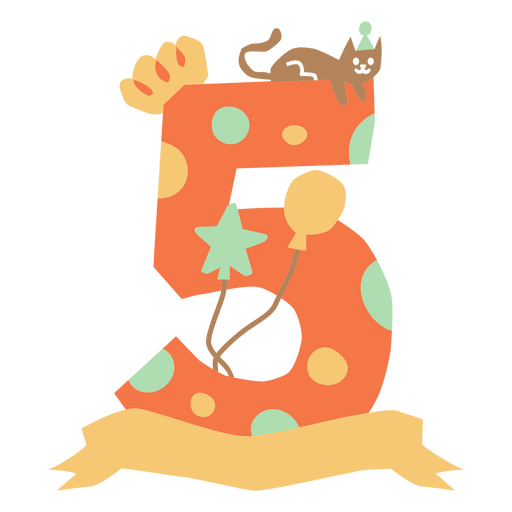The number five with a cat and balloons PNG Design