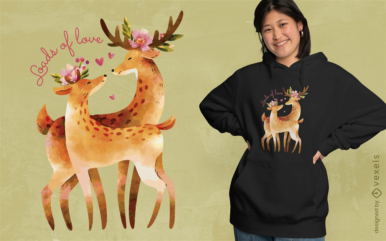 Diseño de camiseta de ciervos de acuarela del día de san valentín