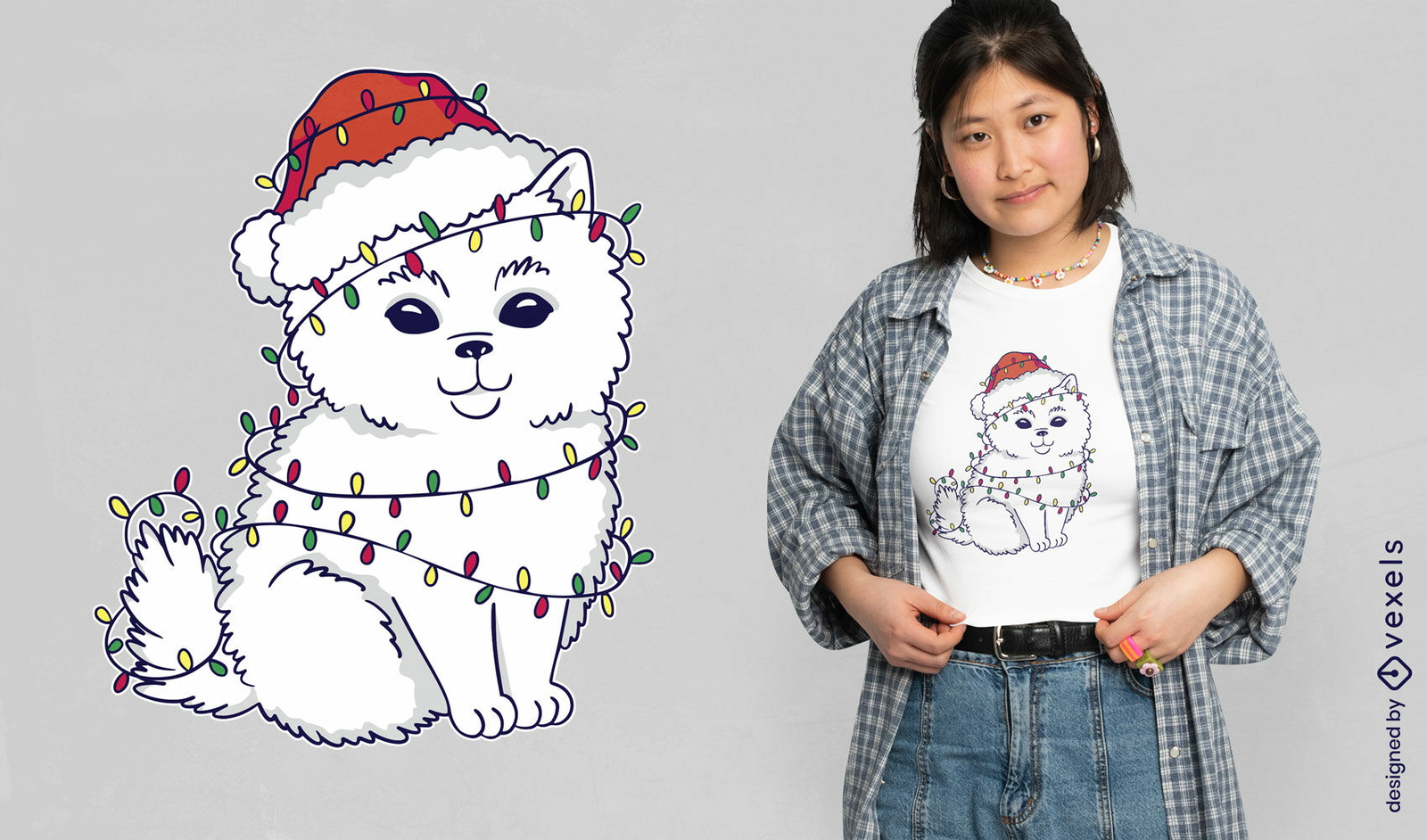 Cão bonito com design de t-shirt de luzes de natal