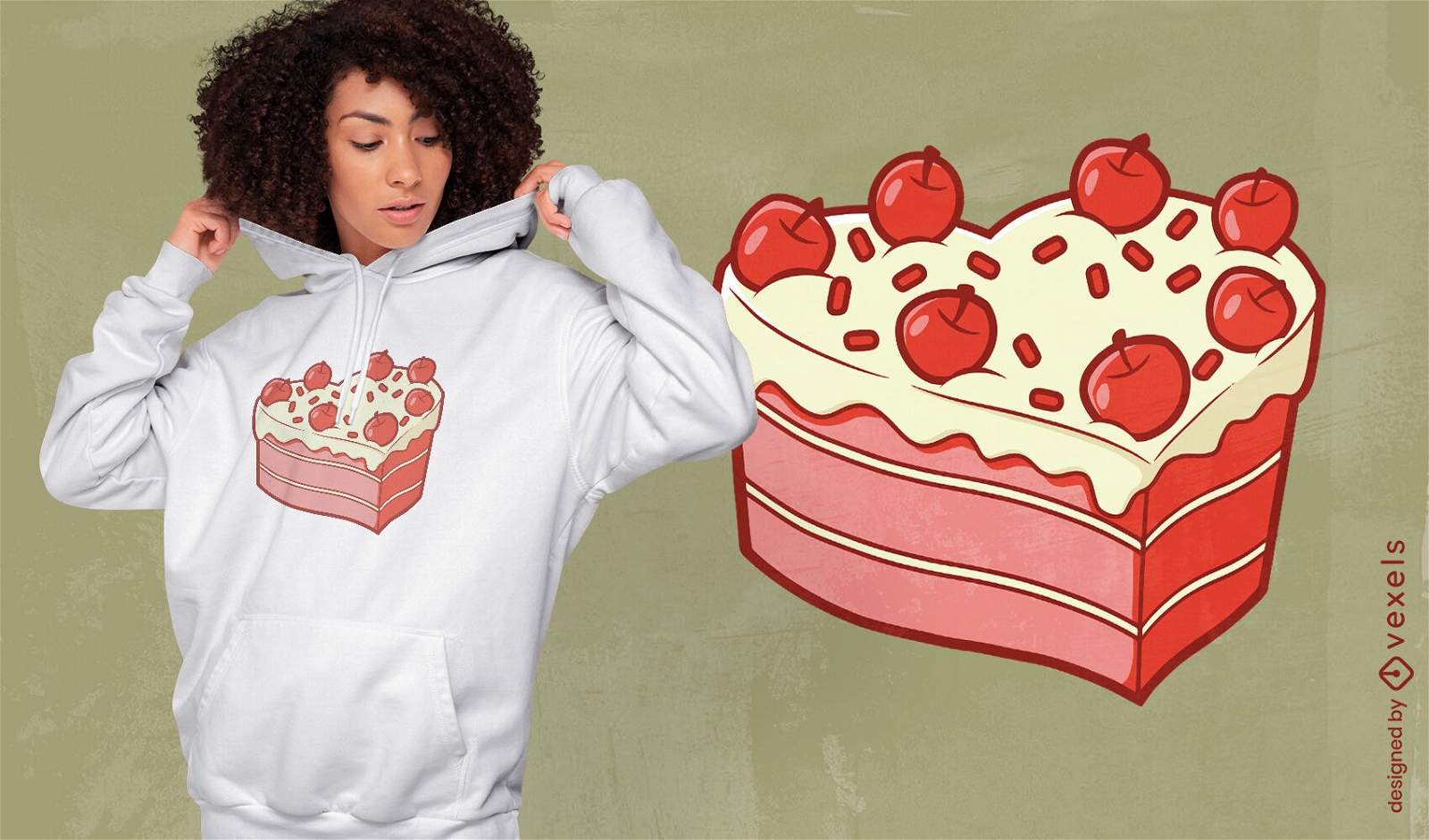 Diseño de camiseta de pastel en forma de corazón de cereza.