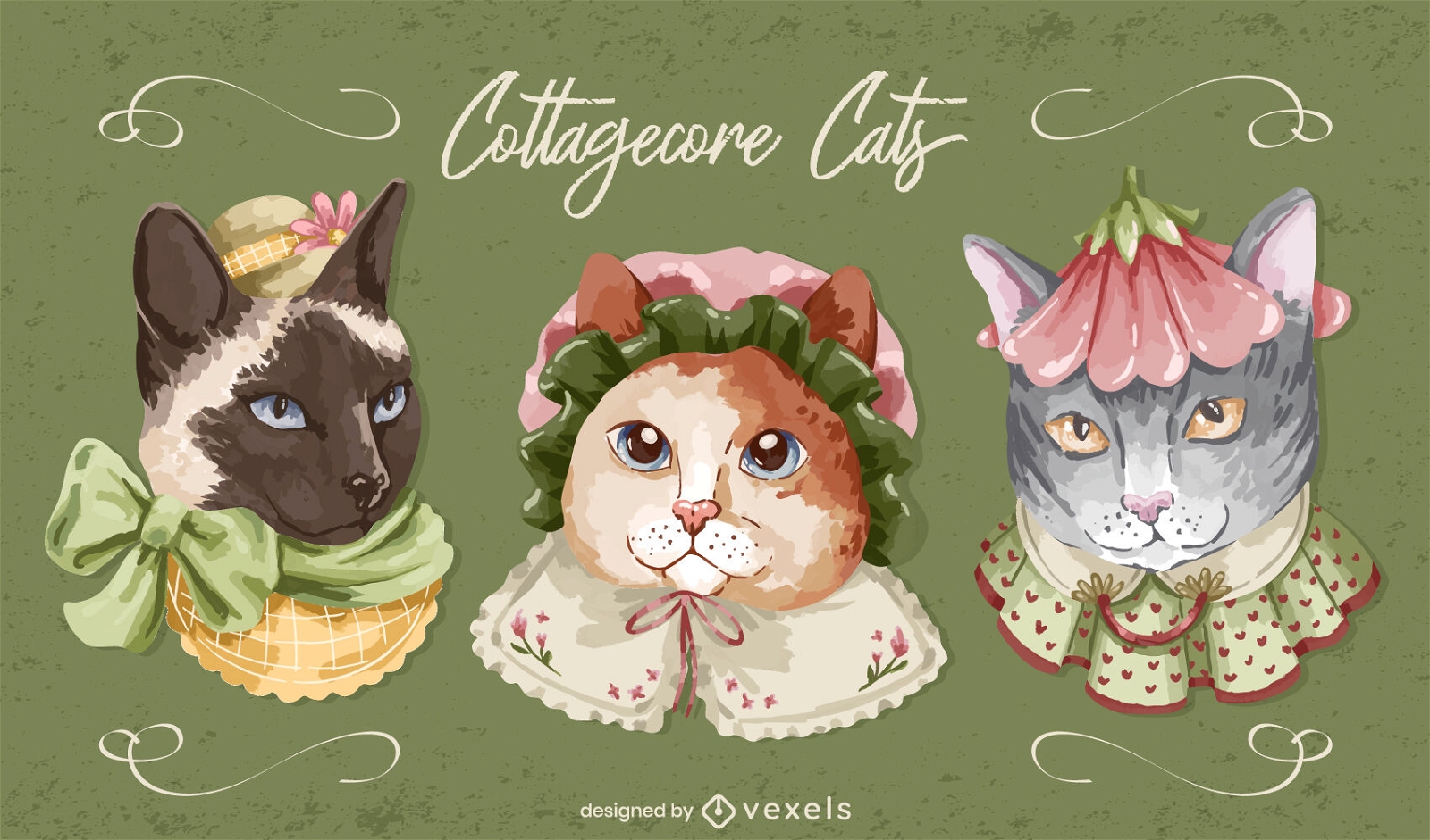 Conjunto de animais cottagecore de gatinhos fofos