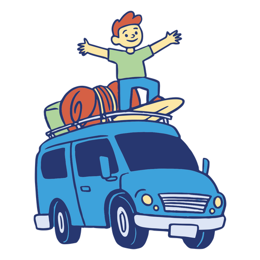 Homem em cima de uma van com uma prancha de surf Desenho PNG