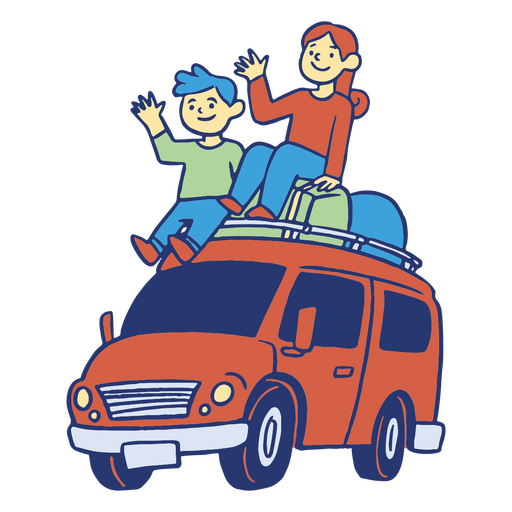 Cartoonbild einer Familie auf dem Dach eines Lieferwagens PNG-Design