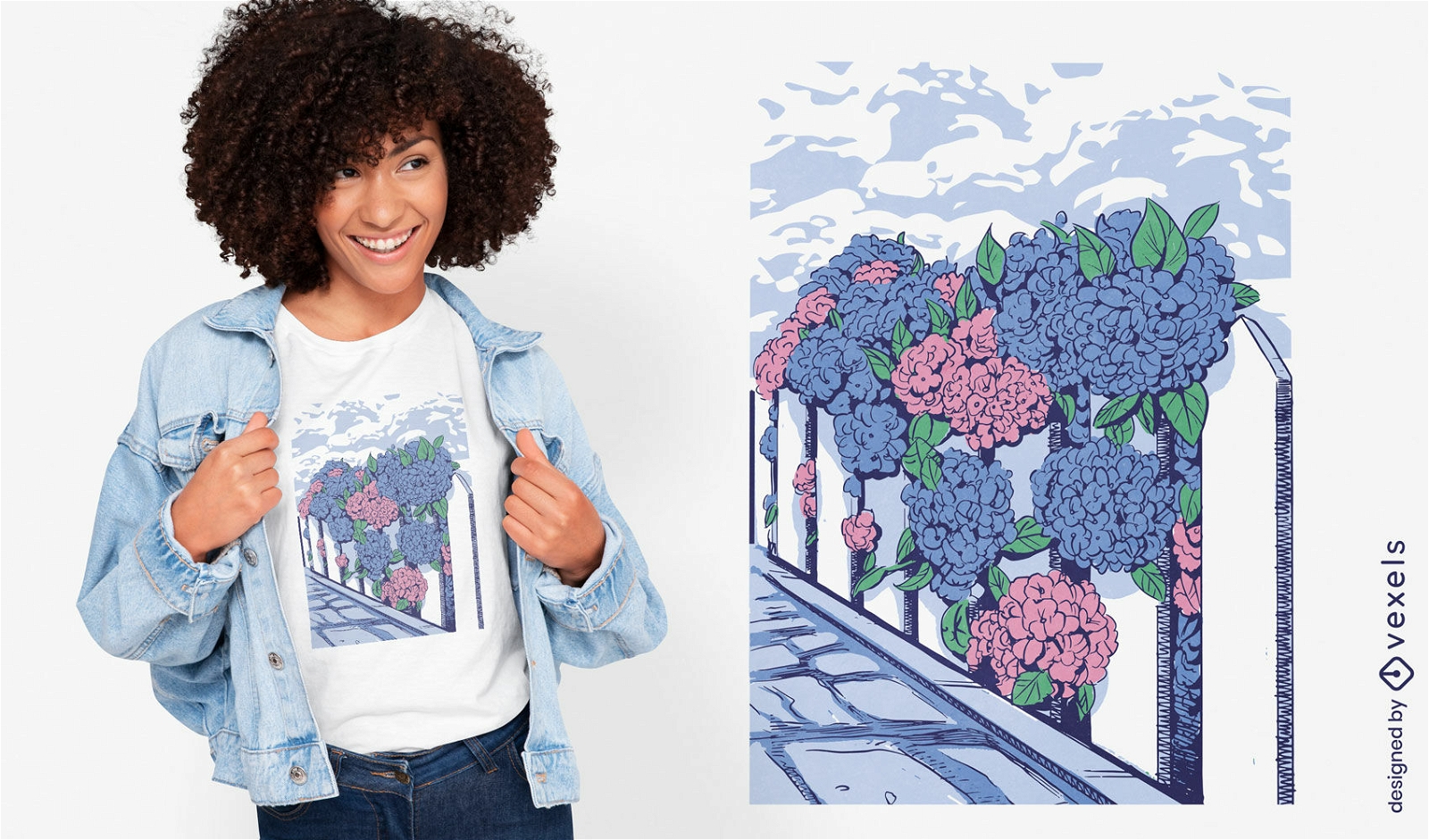 Flores de hortênsia em design de camiseta de cerca