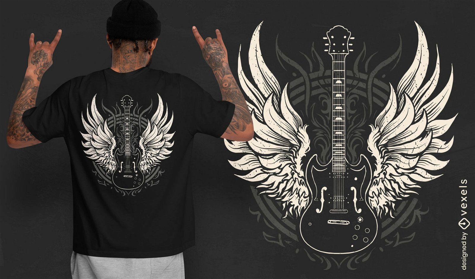 Diseño de camiseta de guitarra eléctrica de rock and roll.