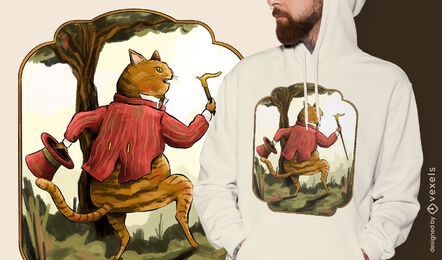 Diseño de camiseta de gato con sombrero y traje.