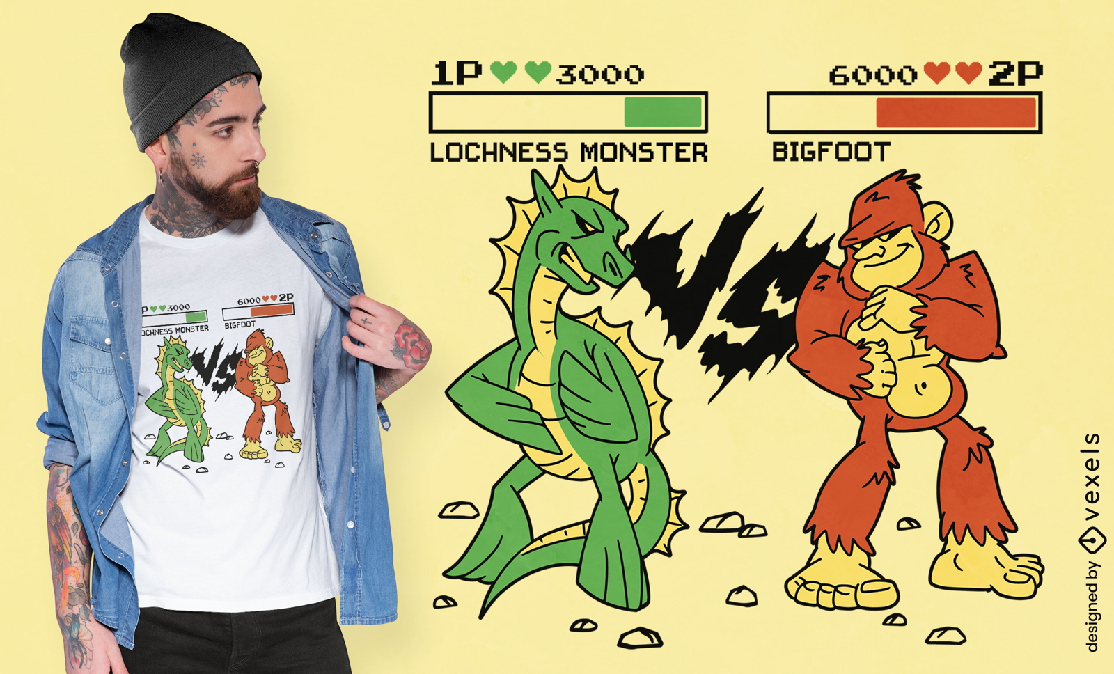 Diseño de camiseta de pelea de monstruos de Big Foot y Loch Ness
