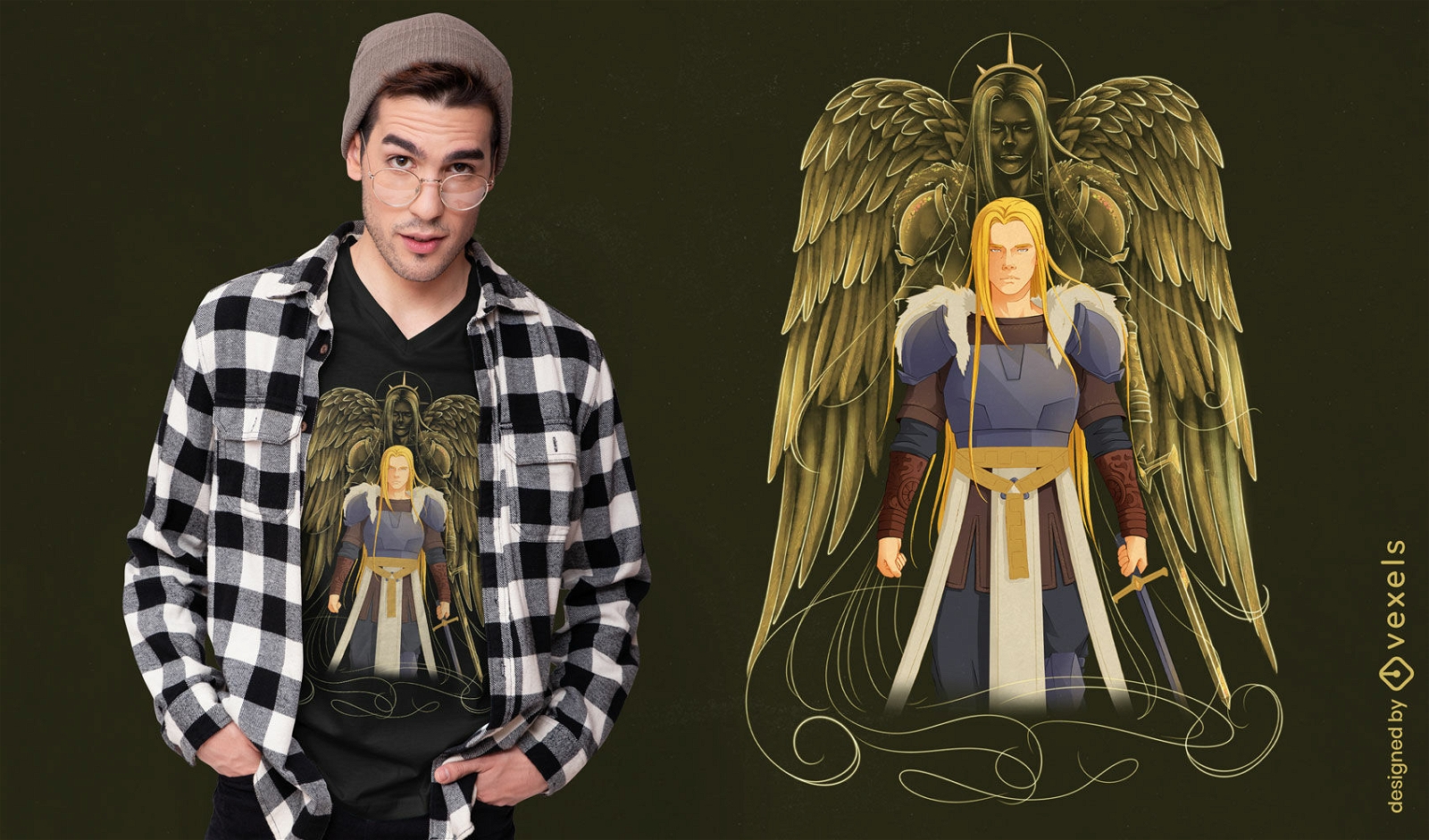 Design de camiseta de fantasia de cavaleiro e anjo