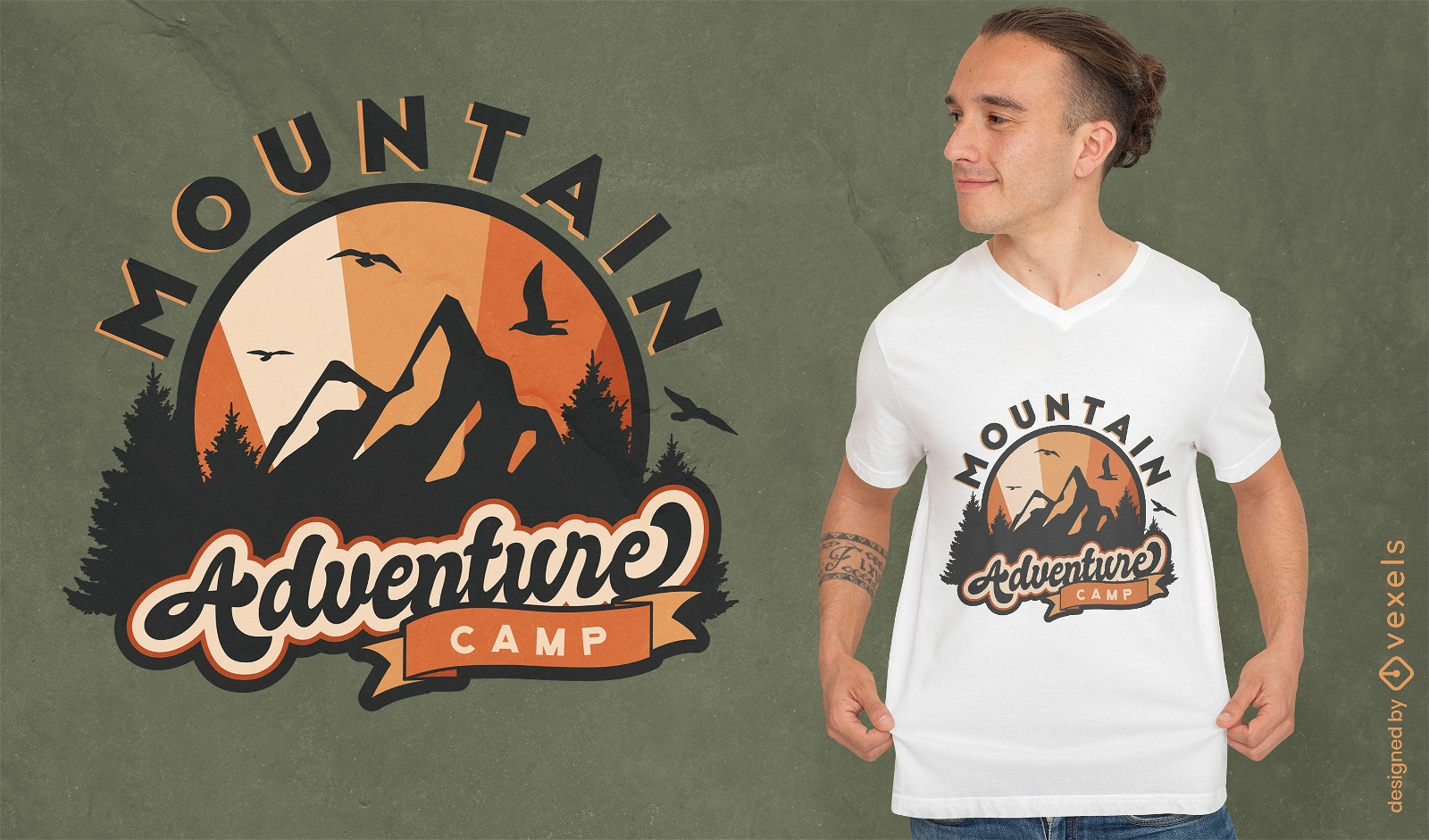 Dise?o de camiseta con insignia de camping en las monta?as.
