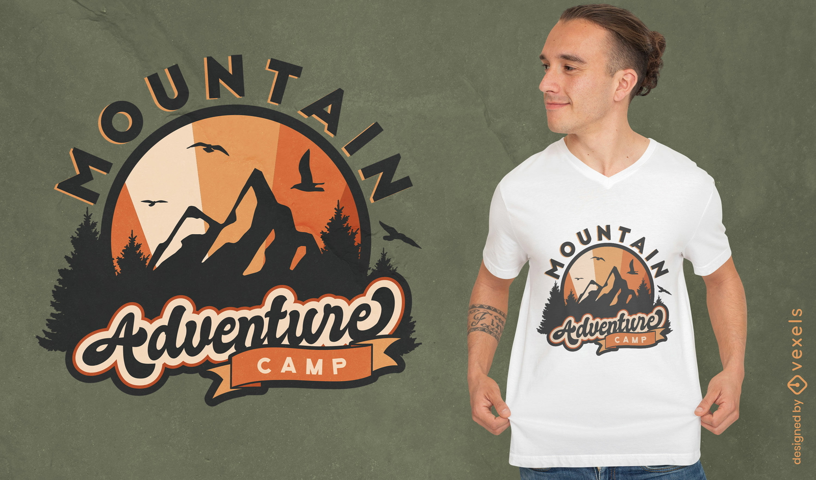 Diseño de camiseta con insignia de camping en las montañas.