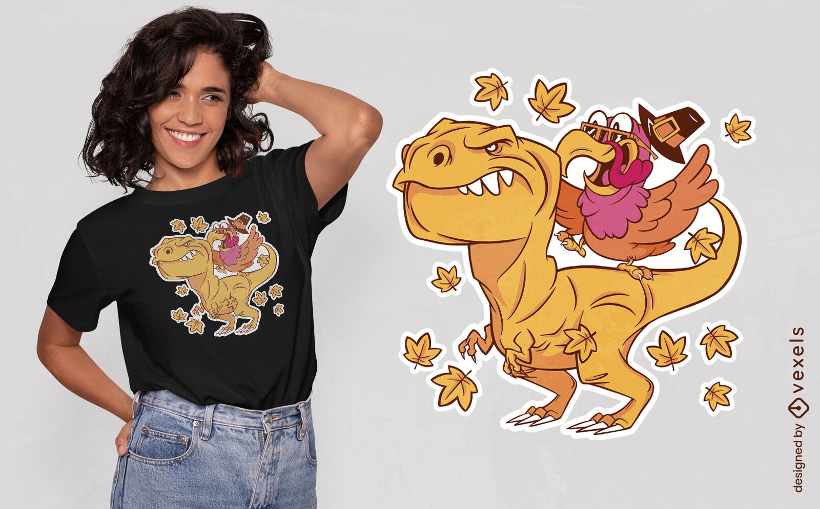 Diseño de camiseta de dibujos animados de pavo y t-rex