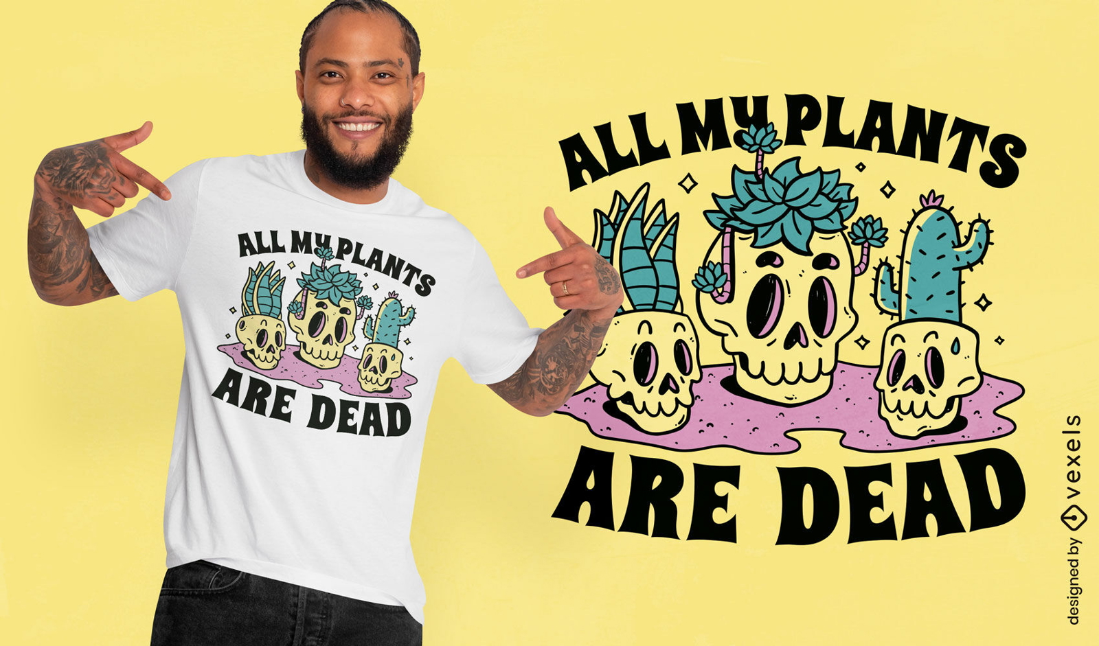 Diseño de camiseta de dibujos animados de calaveras y plantas.