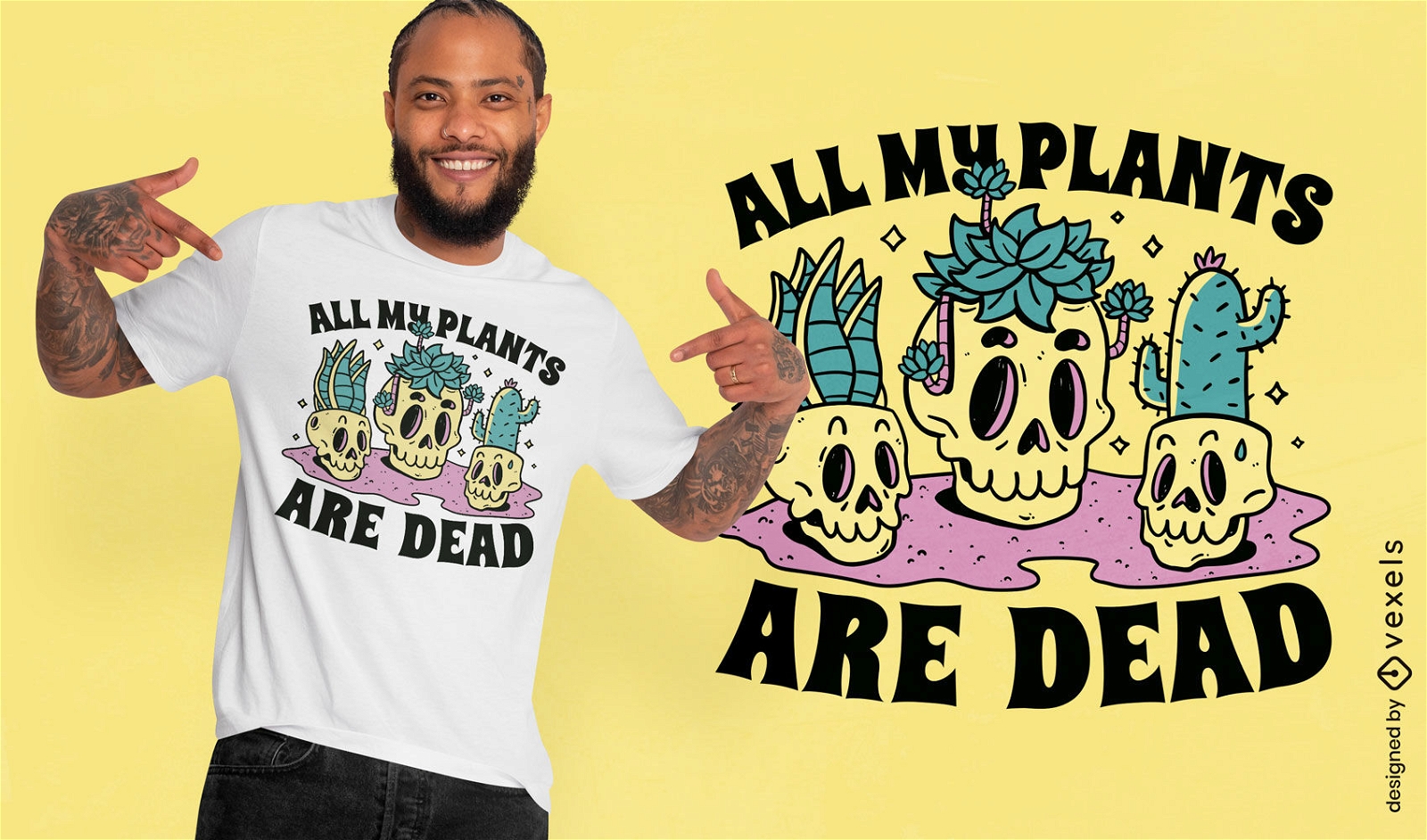 Skulls and plants cartoon t-shirt design