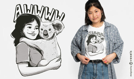 Mädchen, das Koala-Tier-T-Shirt-Design umarmt