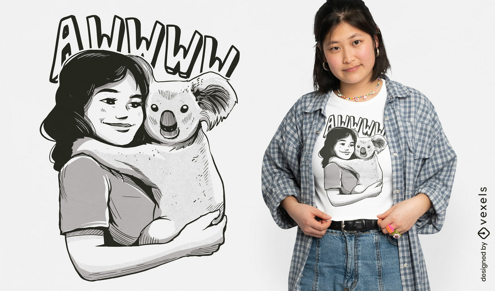 Chica abrazando diseño de camiseta de animal koala.