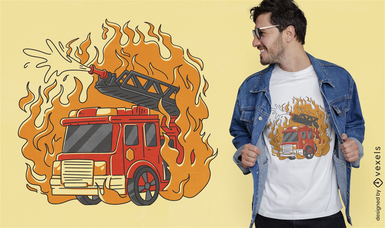 Diseño de camiseta de transporte de camiones de bomberos en llamas