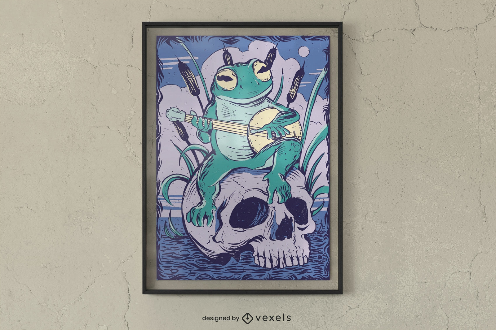 Frosch auf dem Schädel, der Banjo-Poster-Design spielt